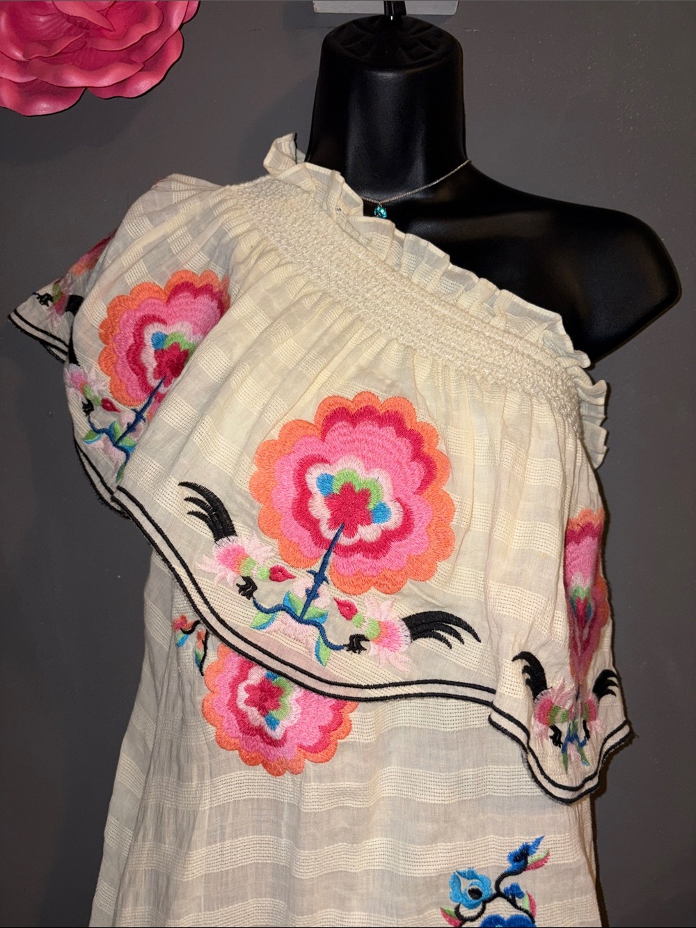 One-Shoulder Embroidered Floral Midi Dress in Cream